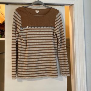 Jcrew tan striped sweater w gem embellishments
